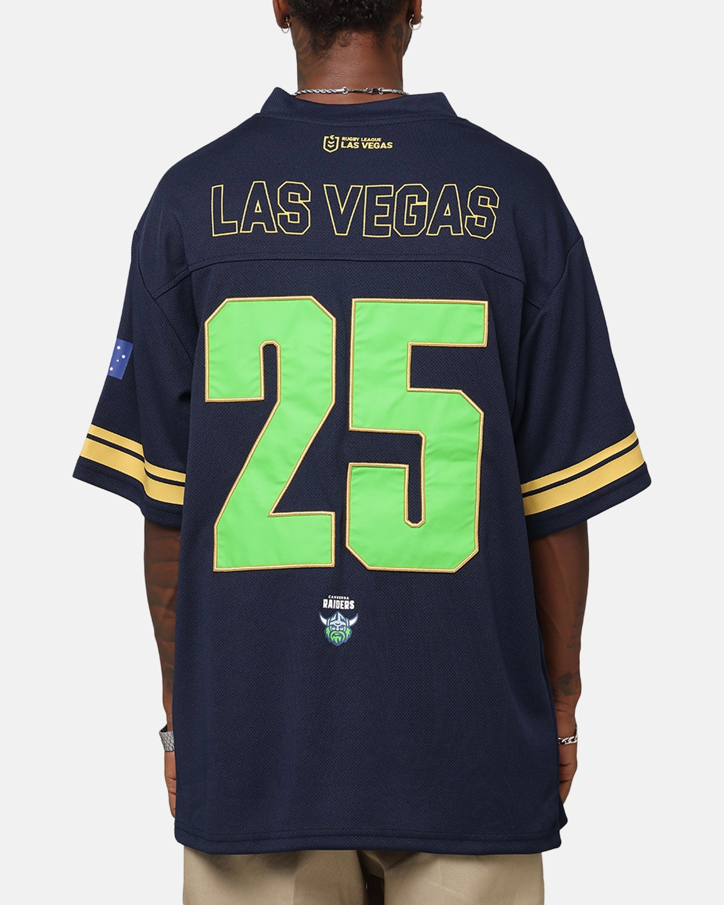 Bleacher Athletic Canberra Raiders NRL 2025 Las Vegas Round Grid Iron T-Shirt Official Team Colour