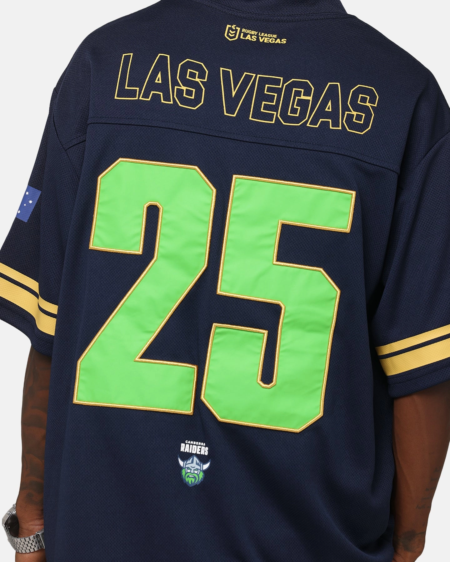Bleacher Athletic Canberra Raiders NRL 2025 Las Vegas Round Grid Iron T-Shirt Official Team Colour