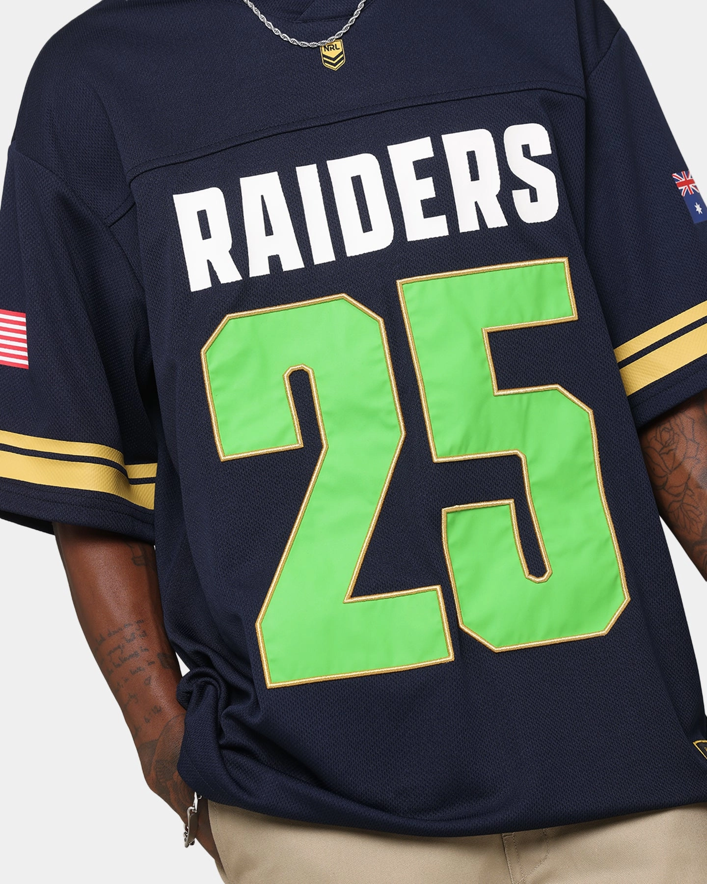 Bleacher Athletic Canberra Raiders NRL 2025 Las Vegas Round Grid Iron T-Shirt Official Team Colour