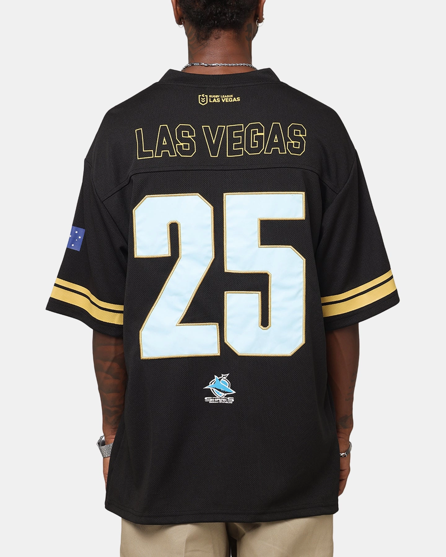 Bleacher Athletic Cronulla Sutherland Sharks NRL 2025 Las Vegas Round Grid Iron T-Shirt Official Team Colour