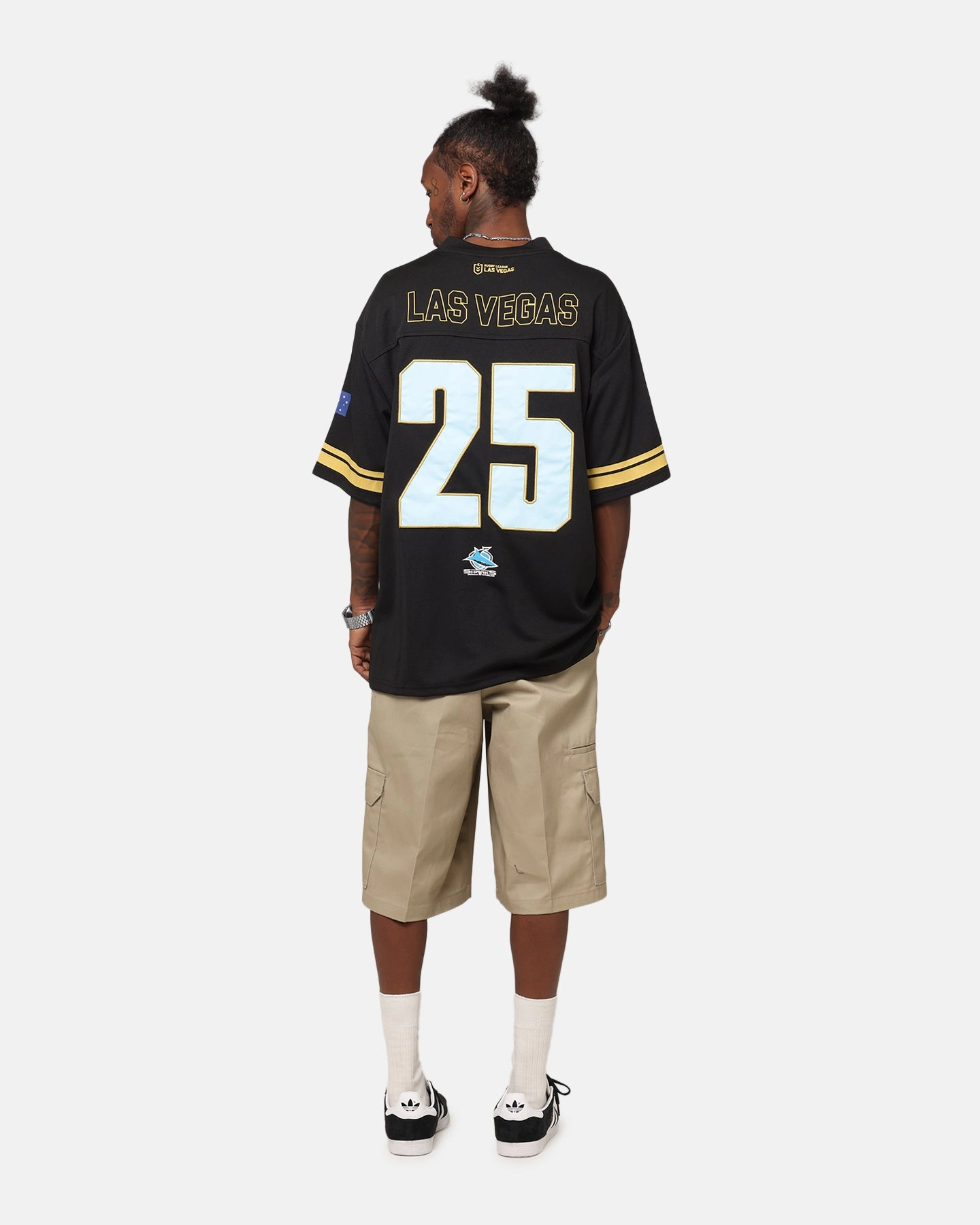 Bleacher Athletic Cronulla Sutherland Sharks NRL 2025 Las Vegas Round Grid Iron T-Shirt Official Team Colour