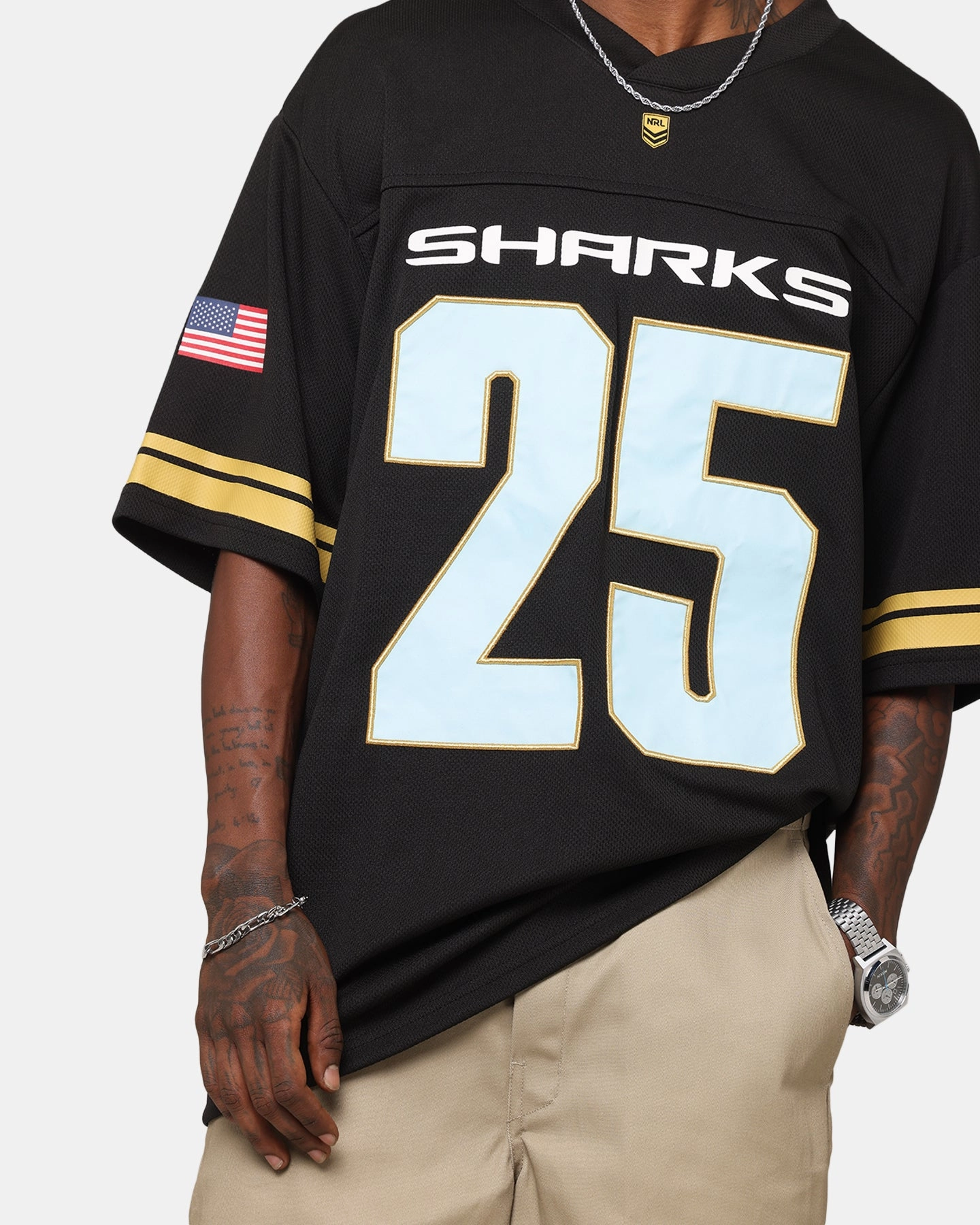 Bleacher Athletic Cronulla Sutherland Sharks NRL 2025 Las Vegas Round Grid Iron T-Shirt Official Team Colour