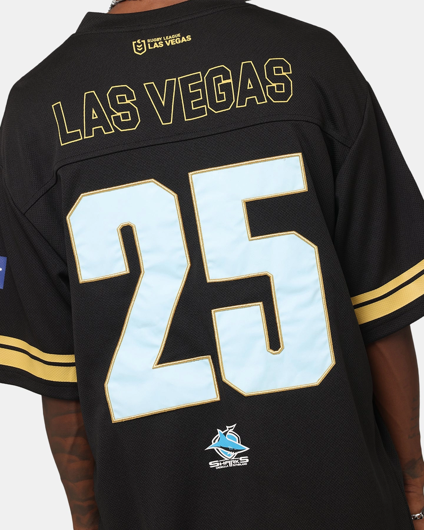 Bleacher Athletic Cronulla Sutherland Sharks NRL 2025 Las Vegas Round Grid Iron T-Shirt Official Team Colour