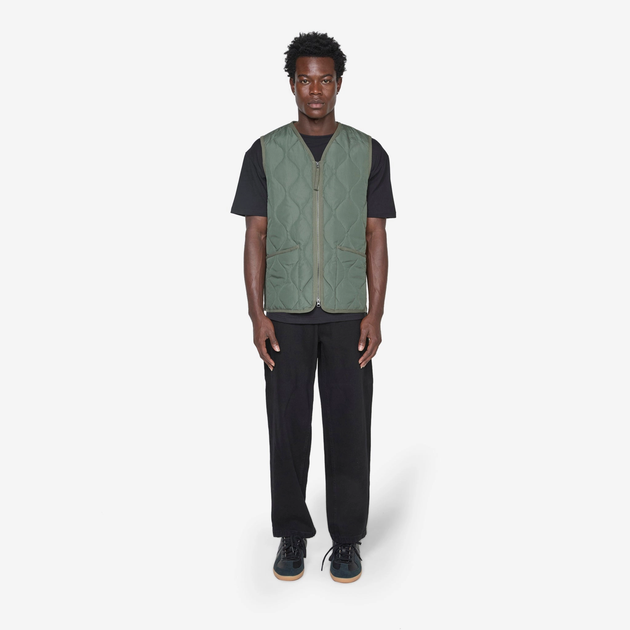 Military Zip V-Neck Down Vest Olive