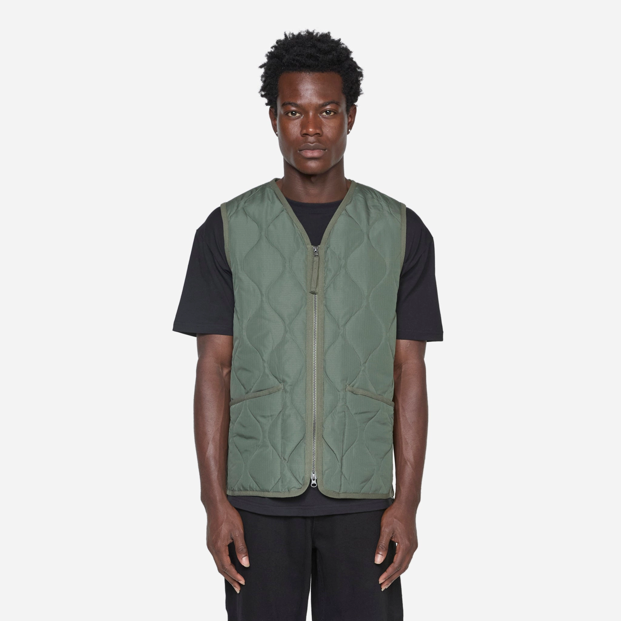 Military Zip V-Neck Down Vest Olive